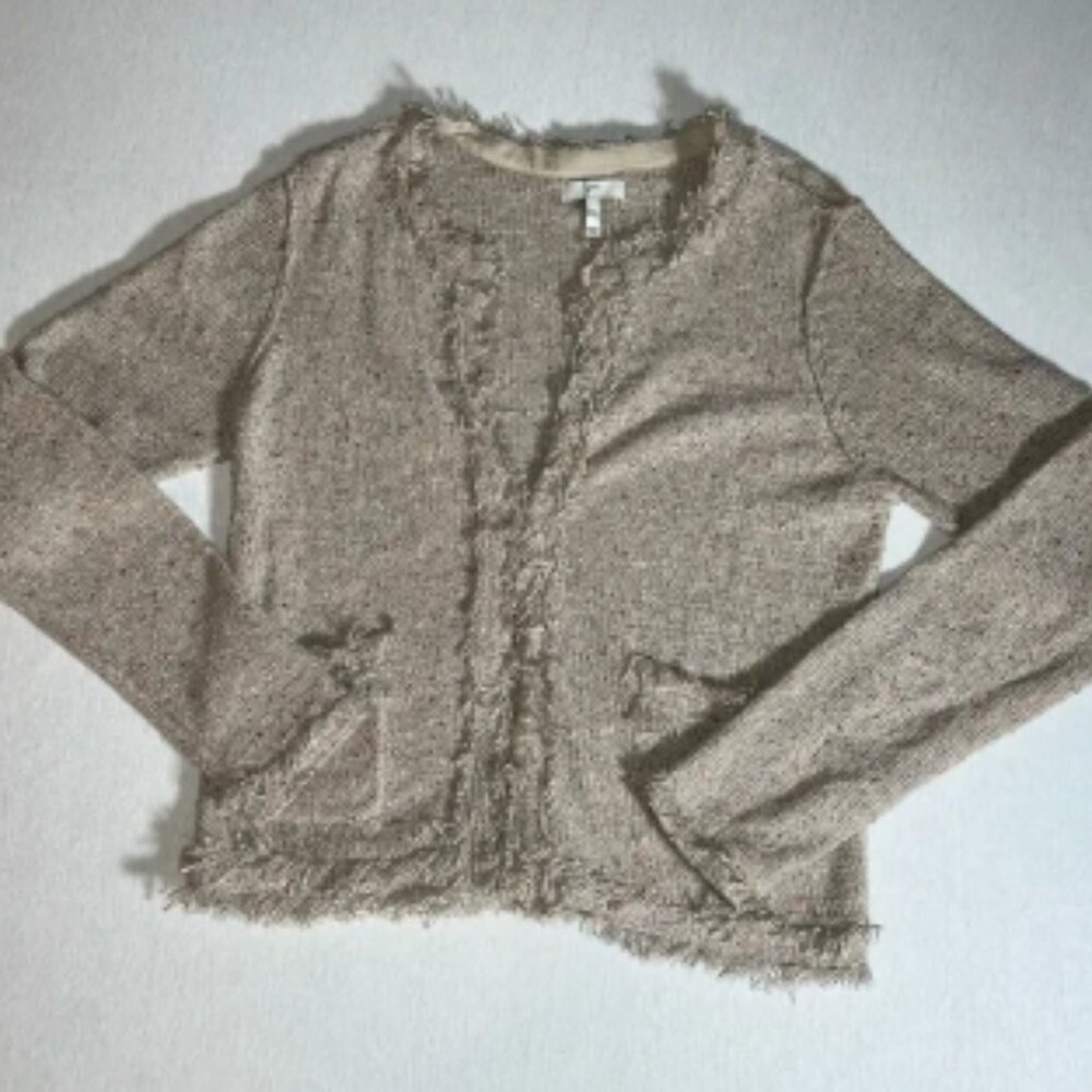 Joie Tweed Knit Fringe Cotton Blend Cardigan in Beige Confetti Size Medium